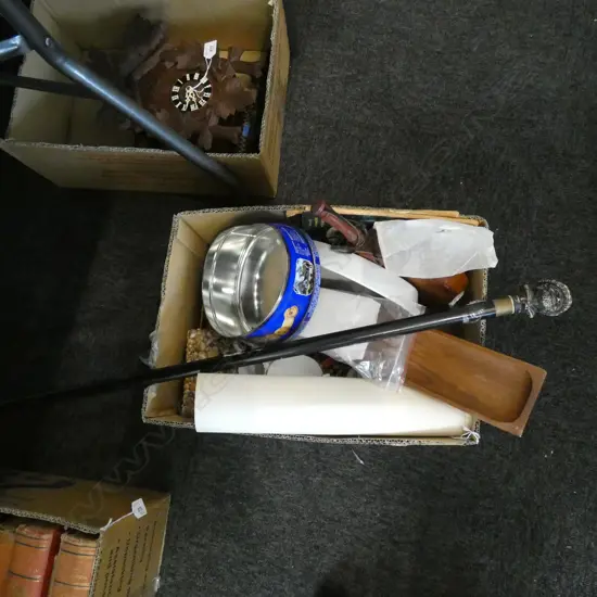 BOX LOT ASST. CHINA, WOODWARE, STAMPING STICK ETC 