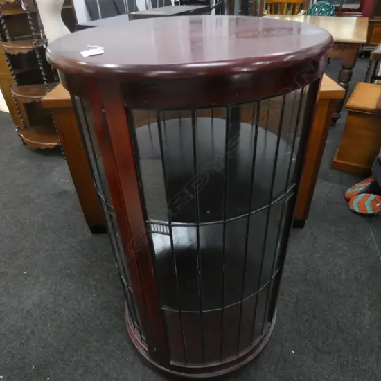 1930'S CIRCULAR STAINED RIMU? & LEADLIGHT CHINA DISPLAY CABINET