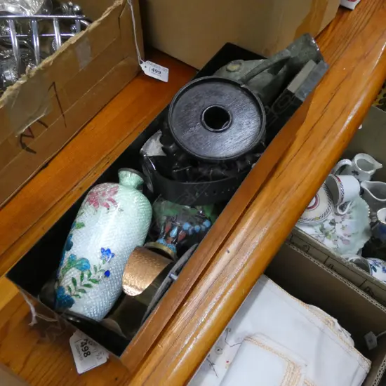 COLLECTION CLOISONNE, GERMAN VASE, CASIO WATCH ETC IN COPPER BOX L.