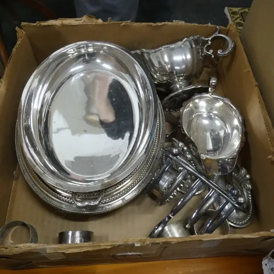BOX SILVER PLATE DISHES ETC..