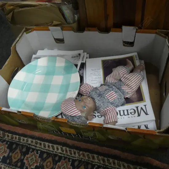 BOX ASST; NZ MEMORIES MAGAZINES; CROWN LYNN GINGHAM PLATES. GLOOBEE DOLL