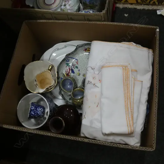 BOX LOT VINTAGE CHINA  INCL. BURLEIGH WARE CALIICO + LINEN