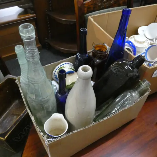 BOX LOT OLD BOTTLES, LACE ETC