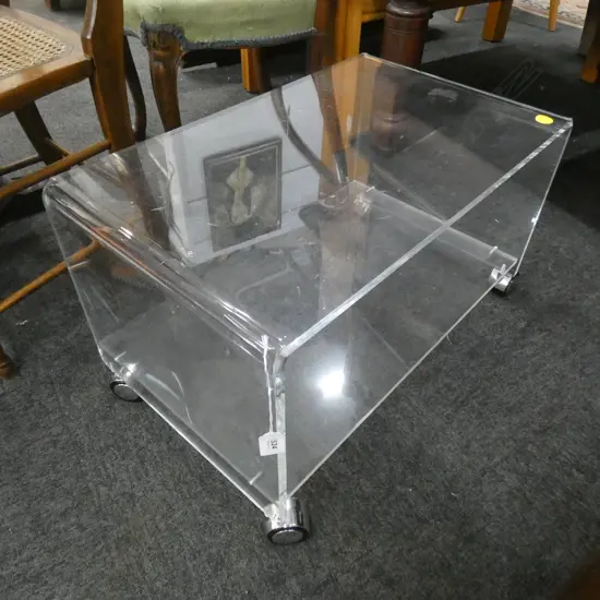 CLEAR PERSPEX SIDE TABLE ON WHEELS