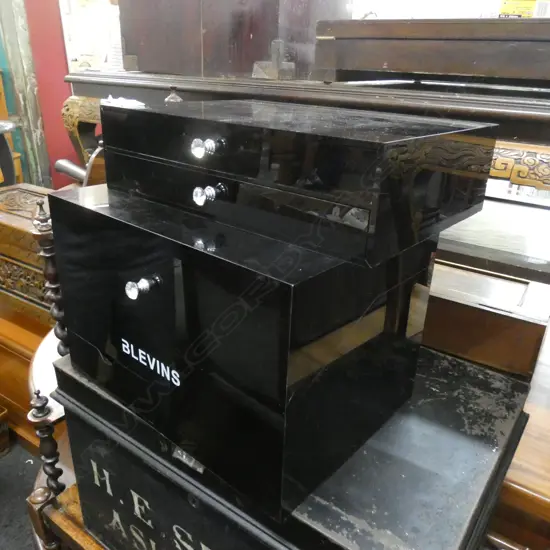 2 BLACK PLASTIC JEWELLERY BOXES 'BLEVINS' W.340mm