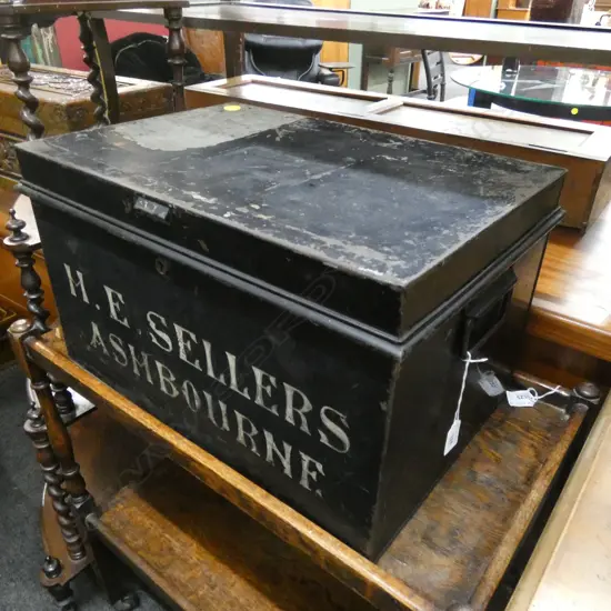 BLACK PAINTED OLD TIN BOX 'H. E. SELLERS ASHBOURNE' W.510mm