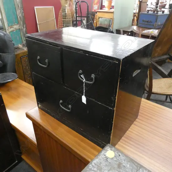 SM VINTAGE BLACK LACQUER JAPANESE TANSU CHEST 3 DRAWER 510 X 310 X 440MM
