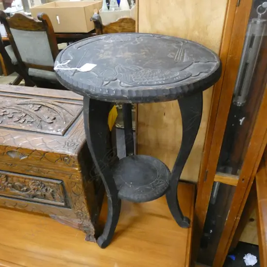CARVED WOODEN AESTHETIC MOVEMENT EBONISED SIDE TABLE H.600mm 380mm dia