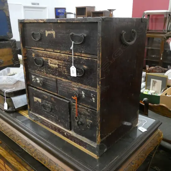 SM VINTAGE DARK WOODEN JAPANESE TANSU CHEST - 6 DRAWER W/KEY 435 X 290 X 450MM WEAR TO STAIN