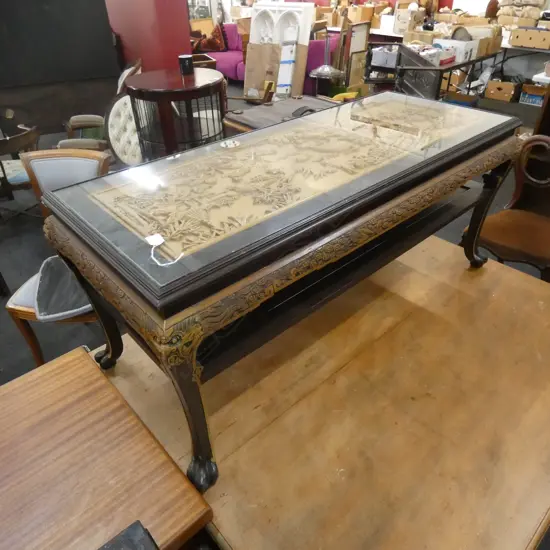 CHINESE CARVED COFFEE TABLE PICTURE CARVED TOP UNDER GLASS L.1200mm