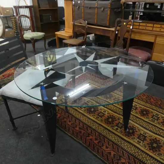 CIRCULAR DOUBLE GLASS TOP TABLE w. WROUGHT IRON 3 LEG BASE 1100mm dia