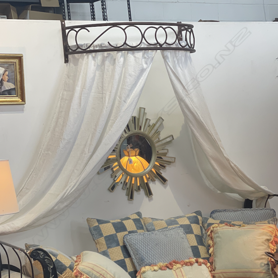 FRENCH METAL CORONET BED CANOPY DRAPERY HANGER w. WHITE LINEN DRAPES 825 X 390MM