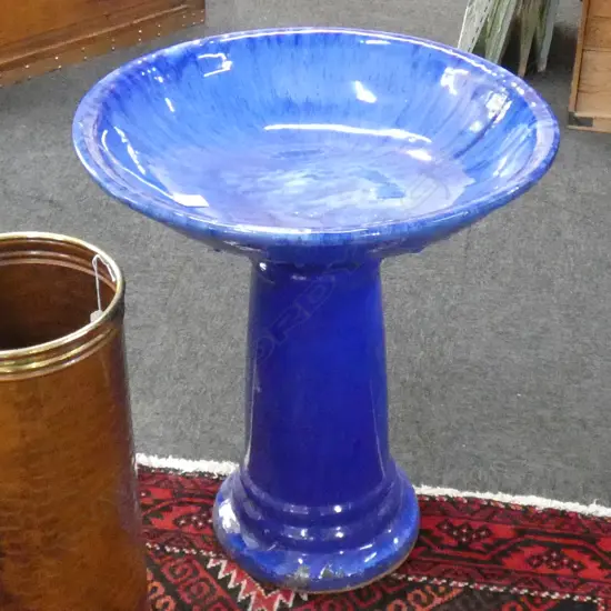 LG BLUE GLAZED BIRD BATH & STAND DIA 530 H 640MM