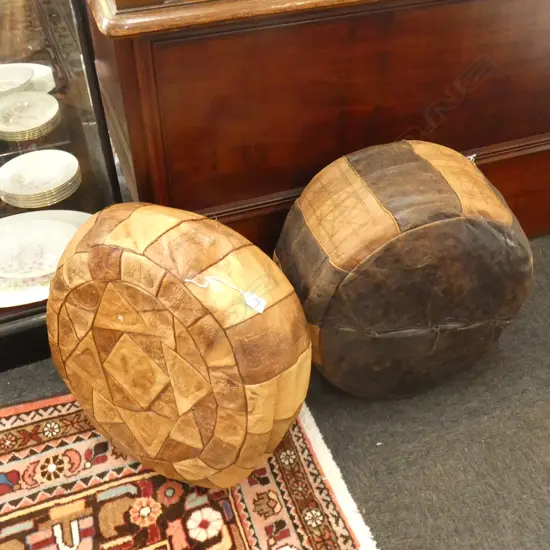 2 VINTAGE BROWN LEATHER PATCHWORK POUFS 500mm dia