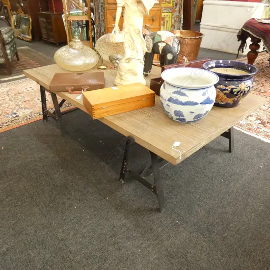 BLONDE OAK TOPPED COFFEE TABLE METAL TRESTLE STANDS