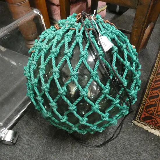 OLD GLASS LARGE FISHING FLOAT WITH GREEN NETTING 390mm dia