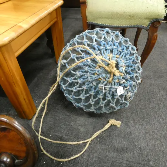 OLD GLASS LARGE FISHING FLOAT WITH BLUE NETTING 390mm dia