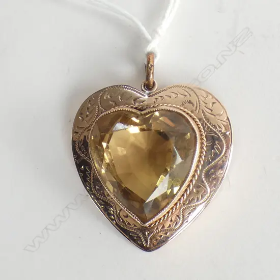 EDWARDIAN 9CT & CITRINE ? LGE HEART PENDANT 8.3gms