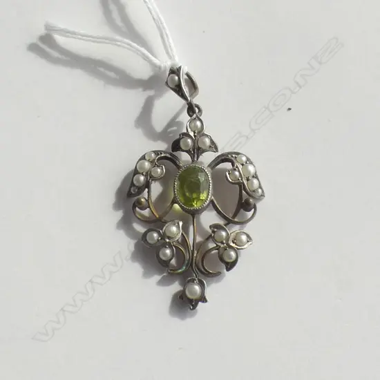 ART NOUVEAU SILVER SCROLLING PENDANT PEARLS & BERYL