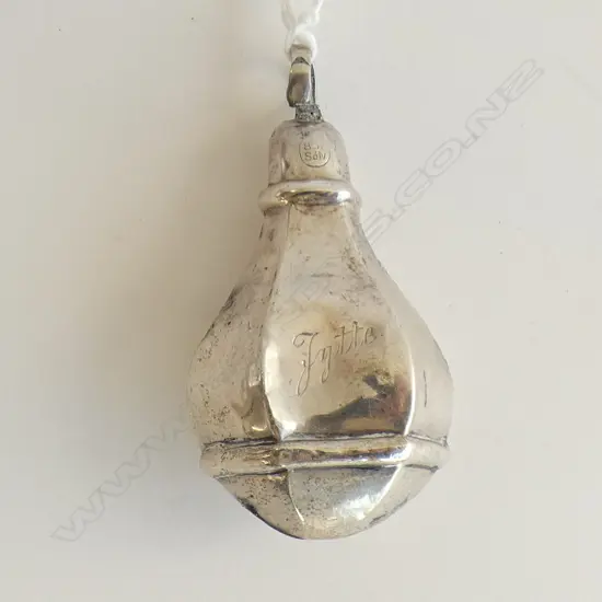 SILVER POWDER FLASK RATTLE (BELL MISSING)