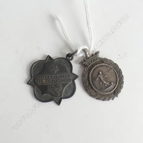 2 OLD FOB MEDALLIONS: 1 SILVER 1927 FOOTBALL. 1 BRONZE