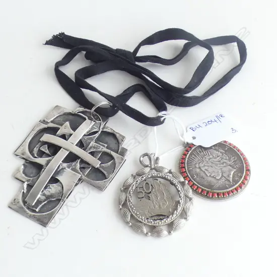 3 PCES JEWELLERY; 2 COIN PENDANTS; 1922 LIBERY DOLLAR & 50c ENDEAVOUR + SILVER PLATE CRUCIFIX