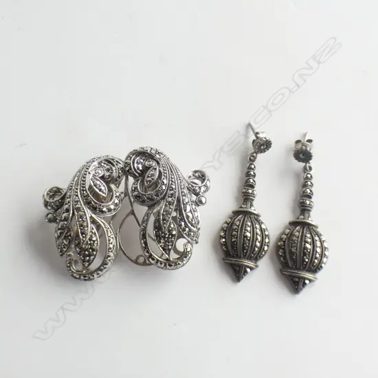 PAIR MARCASITE EARRINGS AND A BROOCH (converts into two clips)