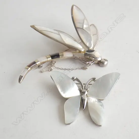 2 BROOCHES; STUNNING LG MOP DRAGONFLY & BUTTERFLY