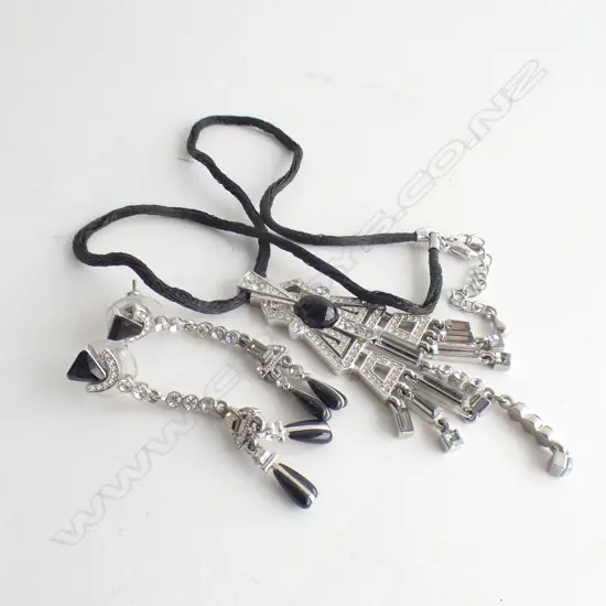 3 PC SET ART DECO STYLE PENDANT (ON BLACK SILK CORD) WITH PR DROP EARRINGS