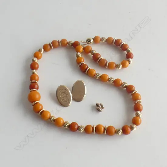 9ct GOLD & AMBER BEAD NECKLACE/9CT GOLD CUFFLINK/GOLD LINK 4.17gm