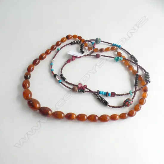 2 BEAD NECKLACES: FAUX AMBER & MULTI COLOURED