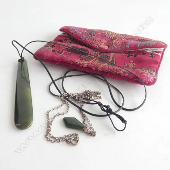 GREENSTONE TEARDROP PENDANT NECKLACE ON BLACK CORD + JADE PENDANT & CHAIN
