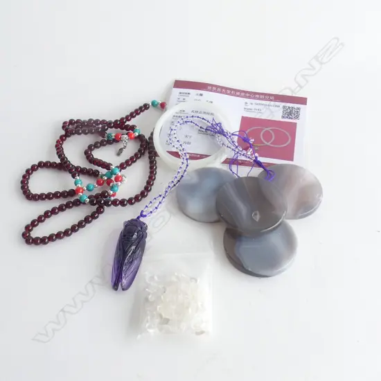 ASST. CHINESE JEWELLERY; 4 DISKS, 2 BANGLES, 3 NECKLACES, SML BAG POLISHED WHITE STONES