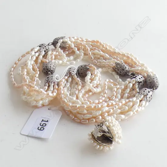 8 STRING 2 COLOUR PEARL NECKLACE WITH SILVER DETAIL + PR CLIP EARRINGS