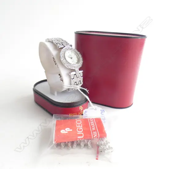 AS NEW PEUGEOT QUARTZ CZ PAVÉ WATCH - IN ORIGINAL BOX W EXTRA LINKS - NEEDS BATTERY
