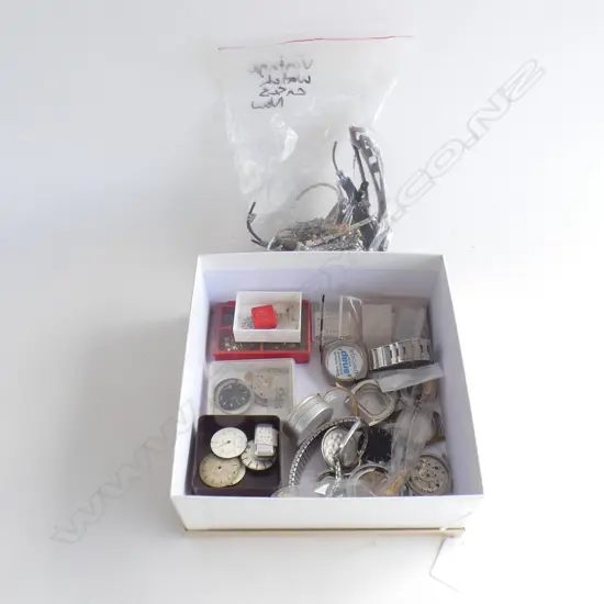 BOX LOT ASST. VINTAGE WATCH PARTS & BAG OF STRAPS