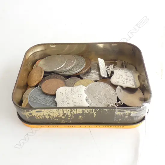 SML TIN ASST. WORLD COINS + 5 STG MEDALS 22 GRAMS
