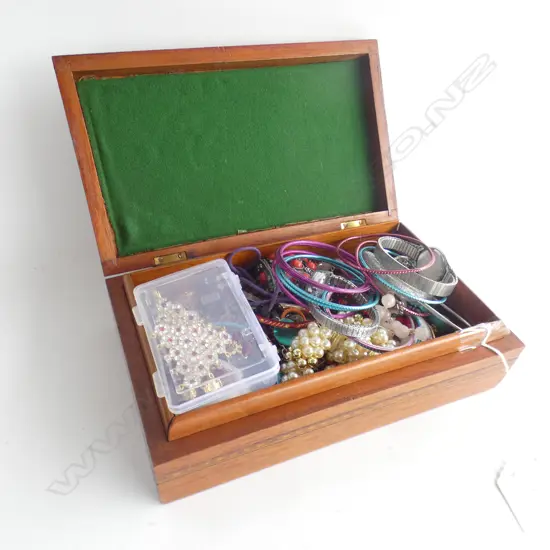 WOODEN BOX ASST COSTUME JEWELLERY INCL WATCHES 