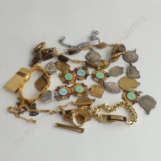 ASST. MOSTLY GOLD TONE COSTUME JEWELLERY; MENS ETC + MEDALS
