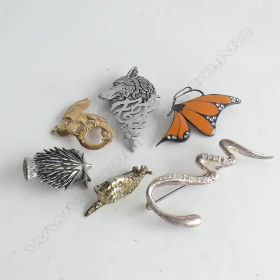 6 ASST BROOCHES; WOLF, ENAMEL BUTTERFLY, SNAKE ETC + 14K GOLD DRAGON + SILK PURSE