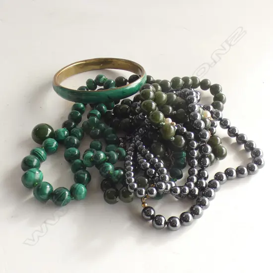 4 BEADED NECKLACES; MALACHITE (+BANGLE), 2x HEMATITE, GREEN GLASS (+PR EARRINGS) 