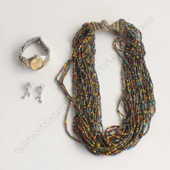 TRIBAL MULTI STRAND SMALL BEAD NECKLACE + SEIKO LADIES WATCH + EARRINGS