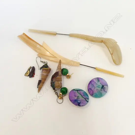 2 VINTAGE FAUX BONE PINS - ONE FEATHER SHAPE +ASST EARINGS