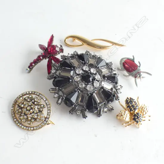6 ASST COSTUME JEWELLERY BROOCHES INCL BEE, DRAGONFLY ETC..