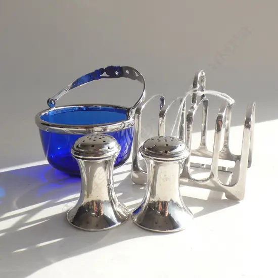 STG SILVER TOAST RACK + PR SALT & PEPPER (126 GRAMS) + DANISH SILVER BLUE GLASS BOWL