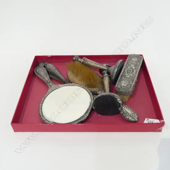 6 PCES SCRAP SILVER; DRESSING SET + PR CANDLE STICKS ALL AF