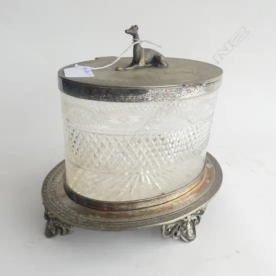 SILVER PLATE LIDDED CRYSTAL CONTAINER w. GREYHOUND PULL W.250mm