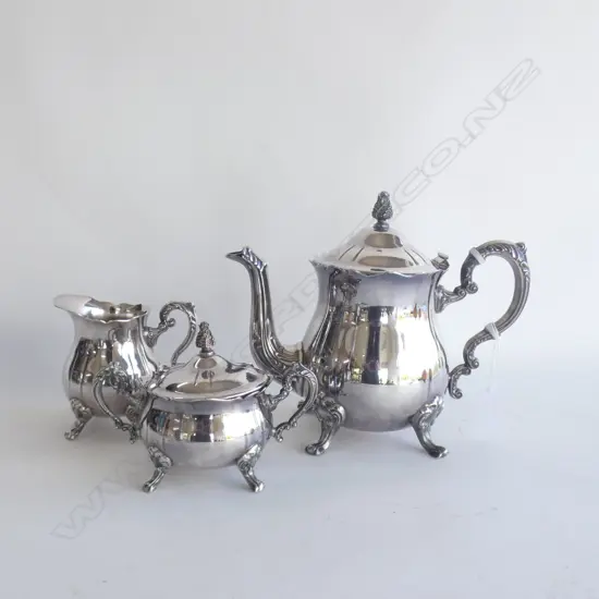 3 PCE SHERWOOD SILVER PLATE TEA SET;  TEAPOT, LIDDED SUGAR & JUG