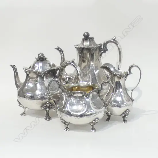 VINTAGE 4 PC SILVER PLATE TEA & COFFEE SET; TEAPOT, COFFEE POT, SUGAR BOWL & MILK JUG