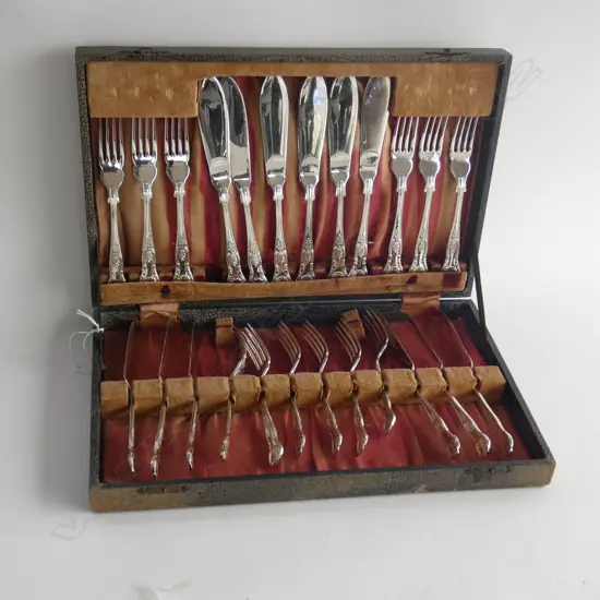 SET 24 SILVER PLATE FISH KNIVES & FORKS, CASED